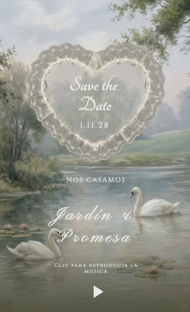 Invitación digital de boda verde oliva con lago pintado, cisnes y corazón de encaje Save the Date